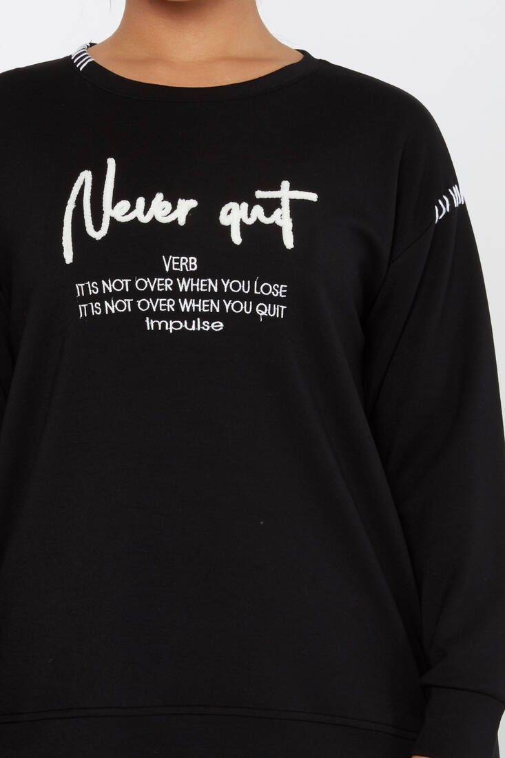 Women's Sweatshirt Embroidered Text Detail Black - 17785 | KAZEE