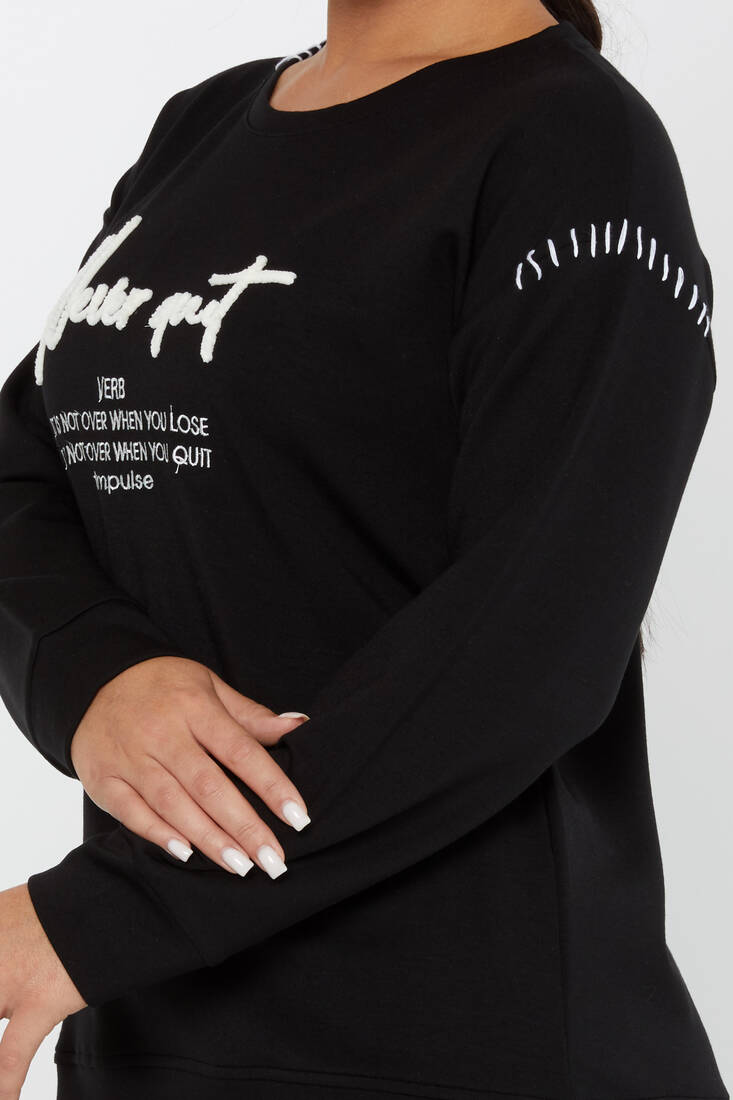 Women's Sweatshirt Embroidered Text Detail Black - 17785 | KAZEE