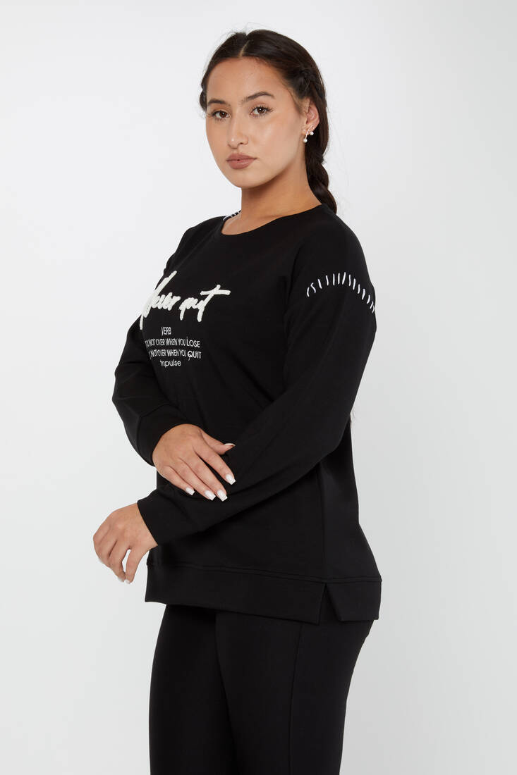 Women's Sweatshirt Embroidered Text Detail Black - 17785 | KAZEE