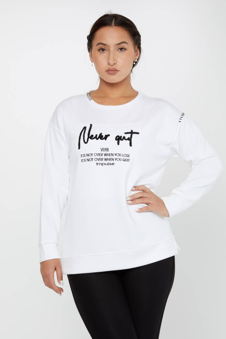 Women's Sweatshirt Embroidered Text Detail Ecru - 17785 | KAZEE