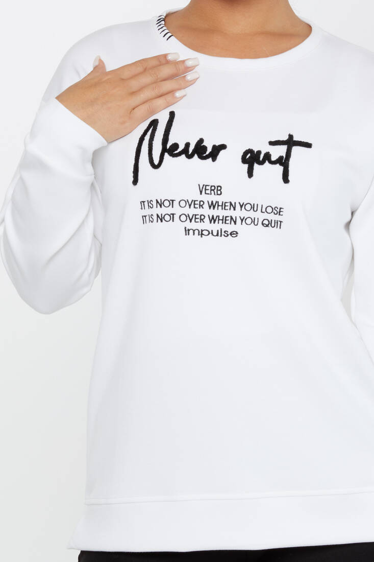 Women's Sweatshirt Embroidered Text Detail Ecru - 17785 | KAZEE