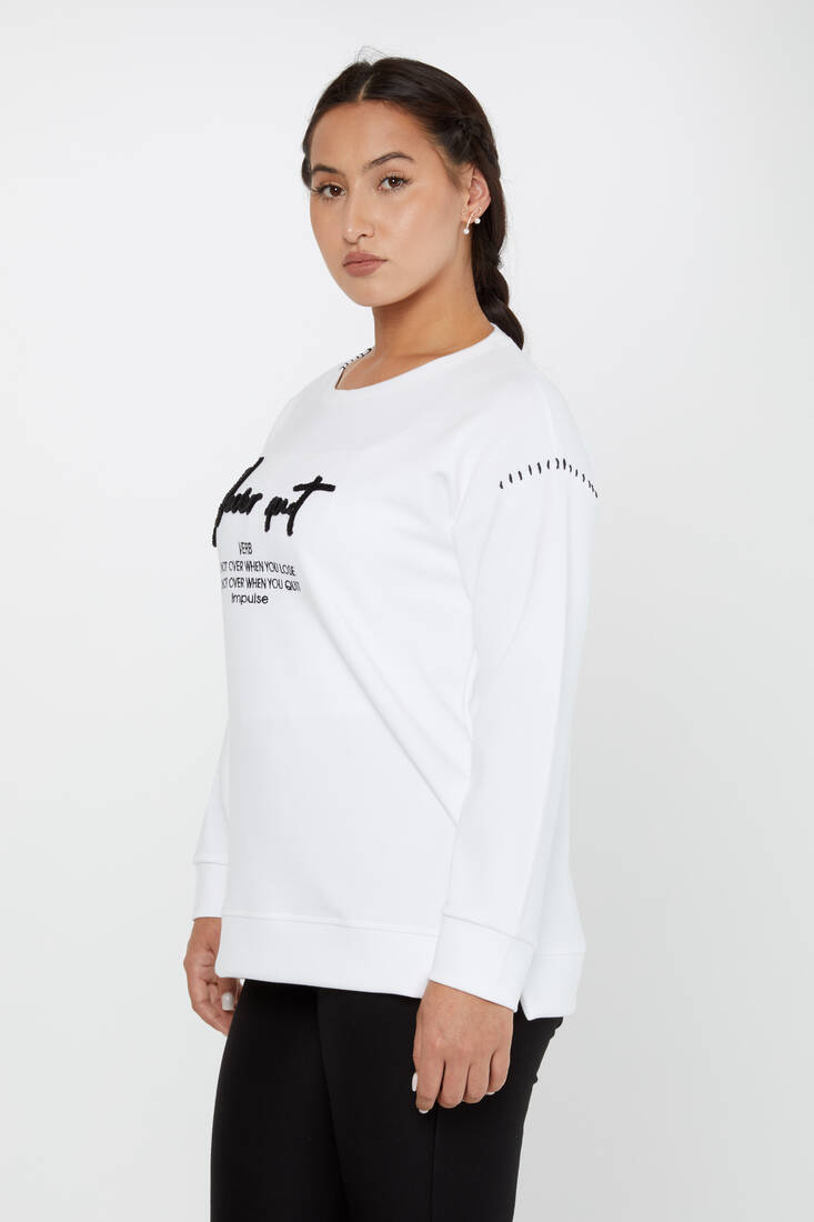 Women's Sweatshirt Embroidered Text Detail Ecru - 17785 | KAZEE