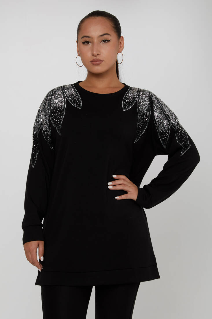Women's Sweatshirt Shoulder Stone Detail Black - 17854 | KAZEE