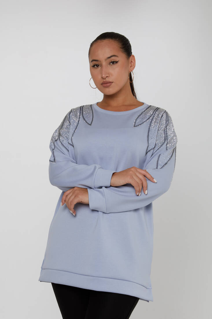 Women's Sweatshirt Shoulder Stone Detail Blue - 17854 | KAZEE
