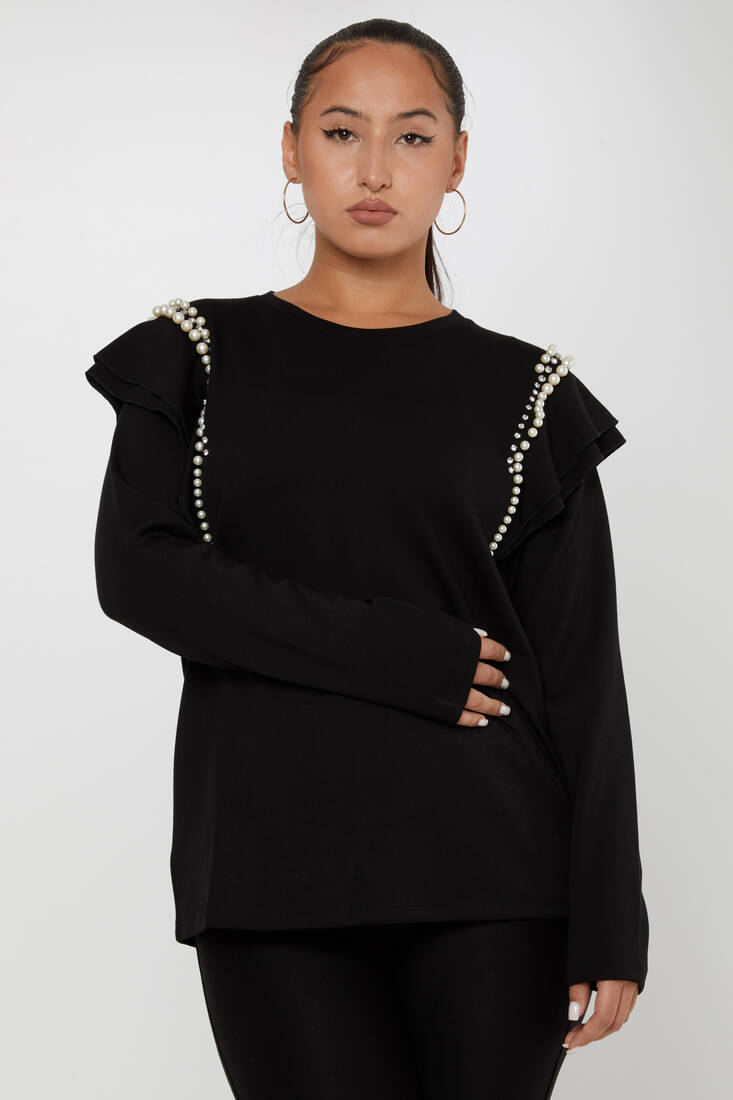 Women's Sweatshirt Sleeve Pearl Detail Black - 17793 | KAZEE