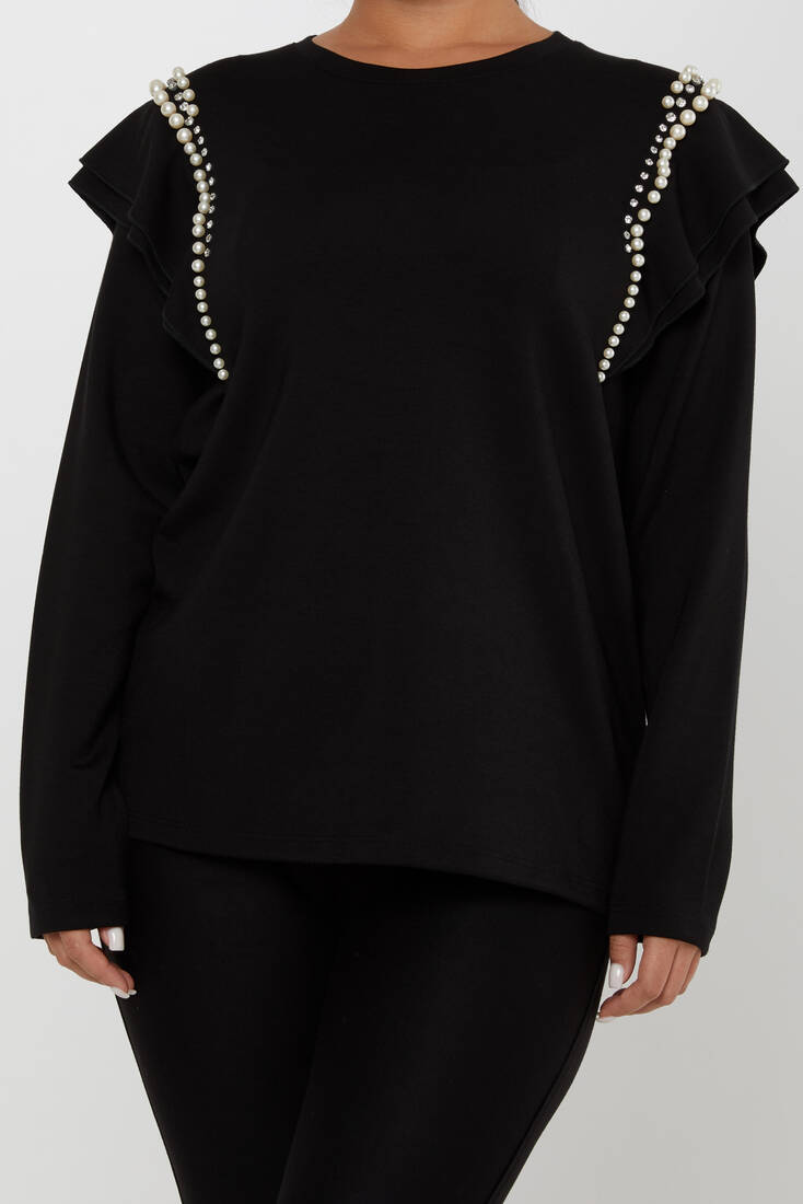 Women's Sweatshirt Sleeve Pearl Detail Black - 17793 | KAZEE