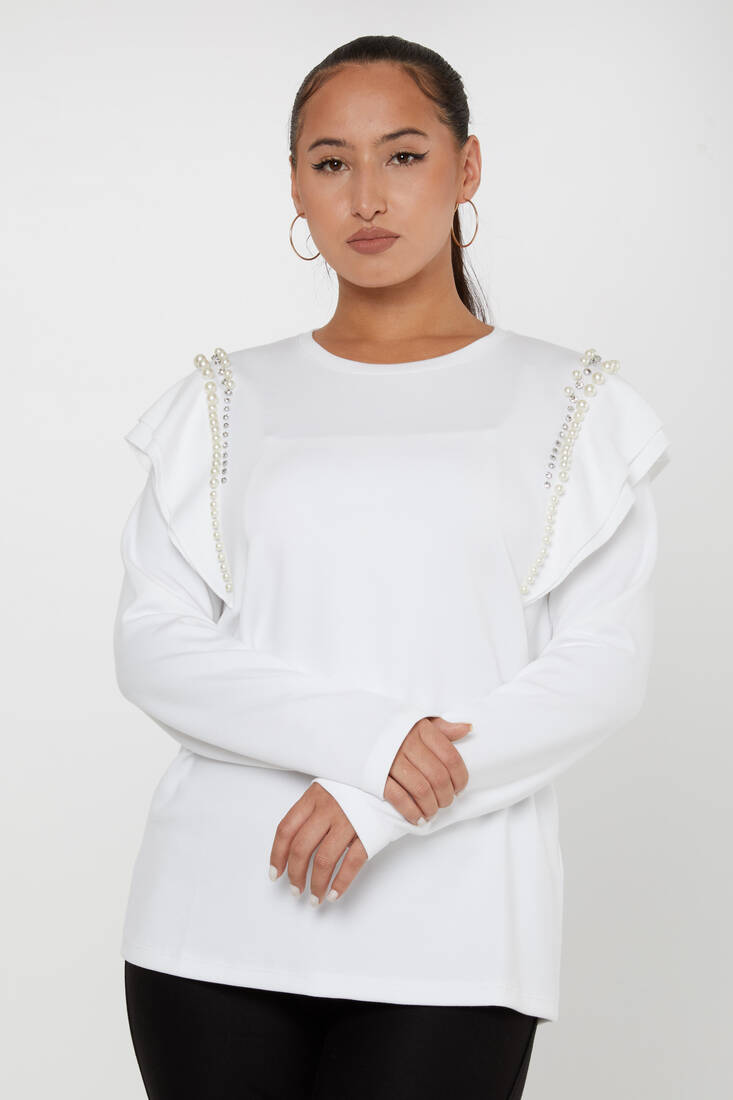 Women's Sweatshirt Sleeve Pearl Detail Ecru - 17793 | KAZEE