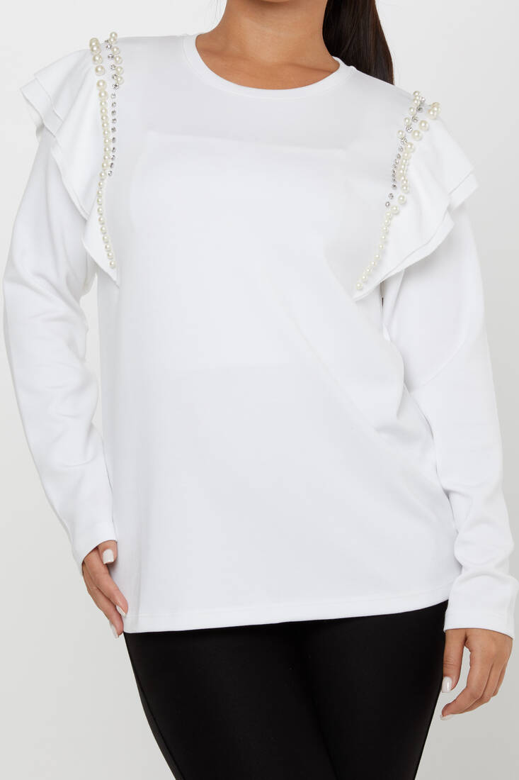 Women's Sweatshirt Sleeve Pearl Detail Ecru - 17793 | KAZEE