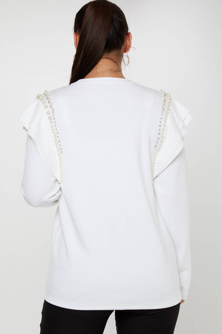 Women's Sweatshirt Sleeve Pearl Detail Ecru - 17793 | KAZEE