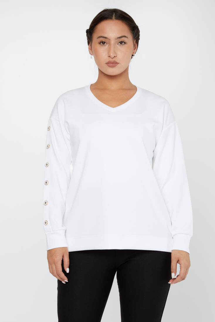 Women's Sweatshirt Sleeves Button Detail Ecru - 17795 | KAZEE
