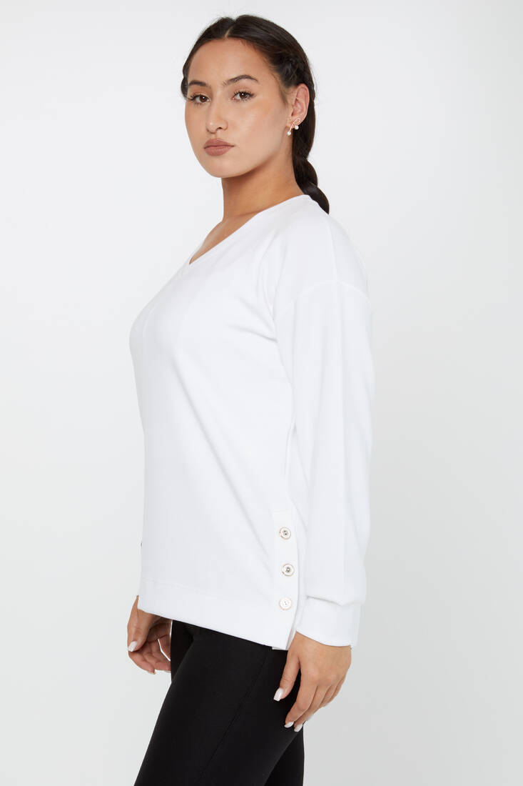 Women's Sweatshirt Sleeves Button Detail Ecru - 17795 | KAZEE