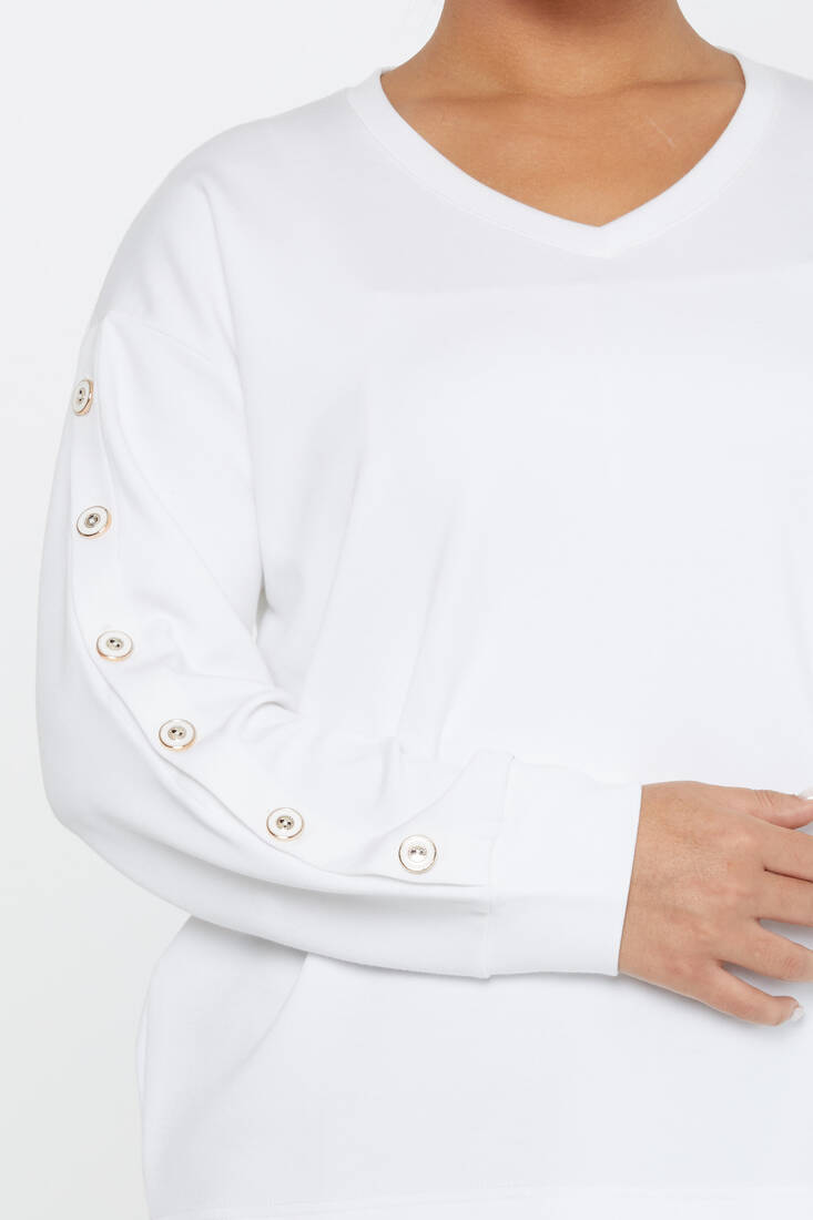 Women's Sweatshirt Sleeves Button Detail Ecru - 17795 | KAZEE
