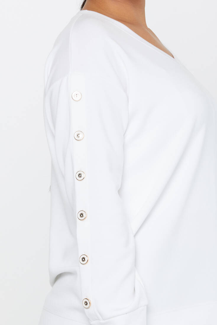 Women's Sweatshirt Sleeves Button Detail Ecru - 17795 | KAZEE