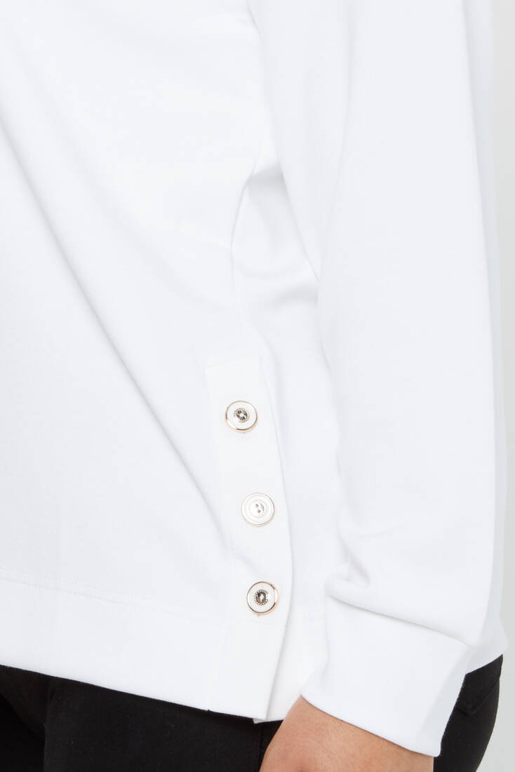 Women's Sweatshirt Sleeves Button Detail Ecru - 17795 | KAZEE