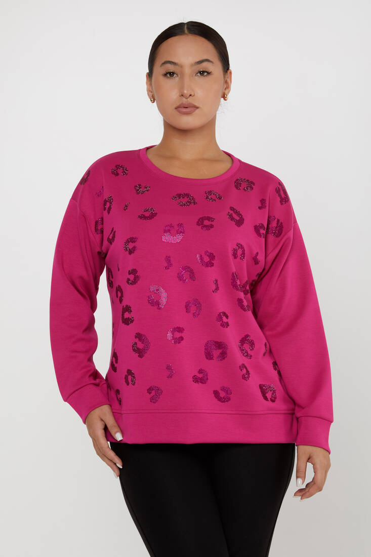 Women's Sweatshirt Stone Detailed Fuchsia - 17846 | KAZEE