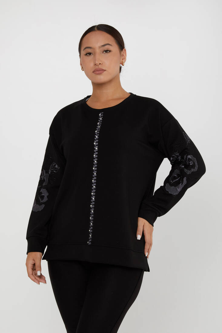 Women's Sweatshirt Stoned Flower Detail Black - 17786 | KAZEE