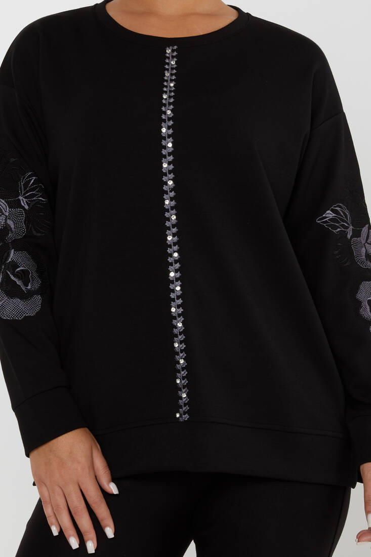 Women's Sweatshirt Stoned Flower Detail Black - 17786 | KAZEE