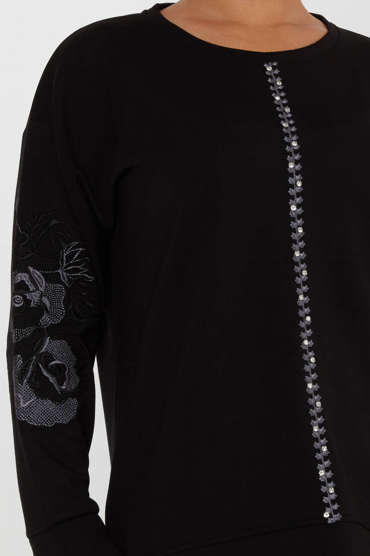 Women's Sweatshirt Stoned Flower Detail Black - 17786 | KAZEE