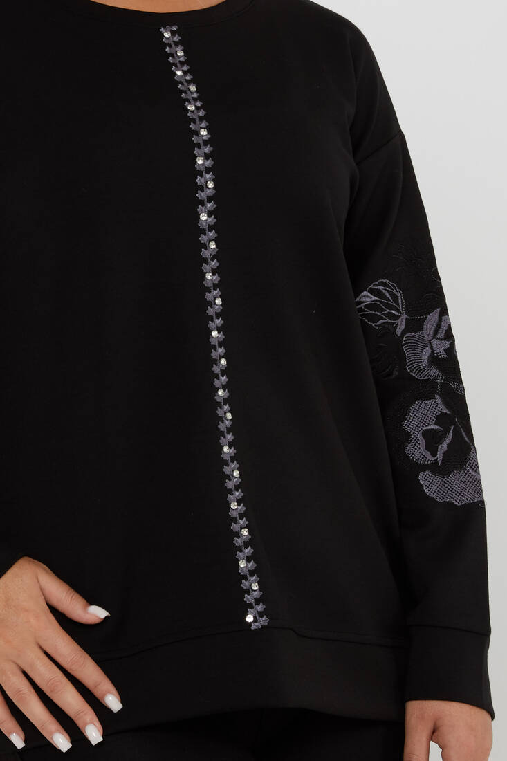 Women's Sweatshirt Stoned Flower Detail Black - 17786 | KAZEE