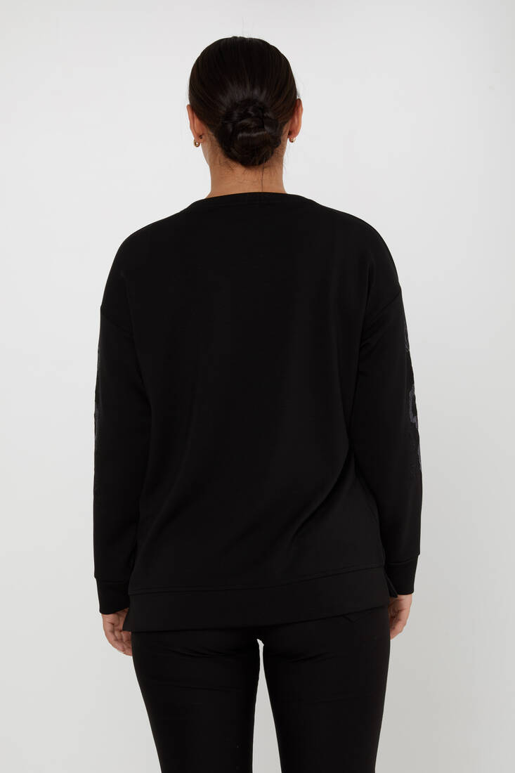 Women's Sweatshirt Stoned Flower Detail Black - 17786 | KAZEE
