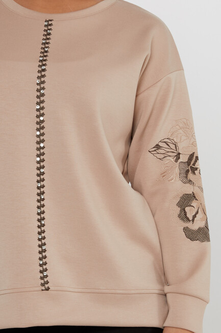 Women's Sweatshirt Stoned Flower Detailed Mink - 17786 | KAZEE - Thumbnail