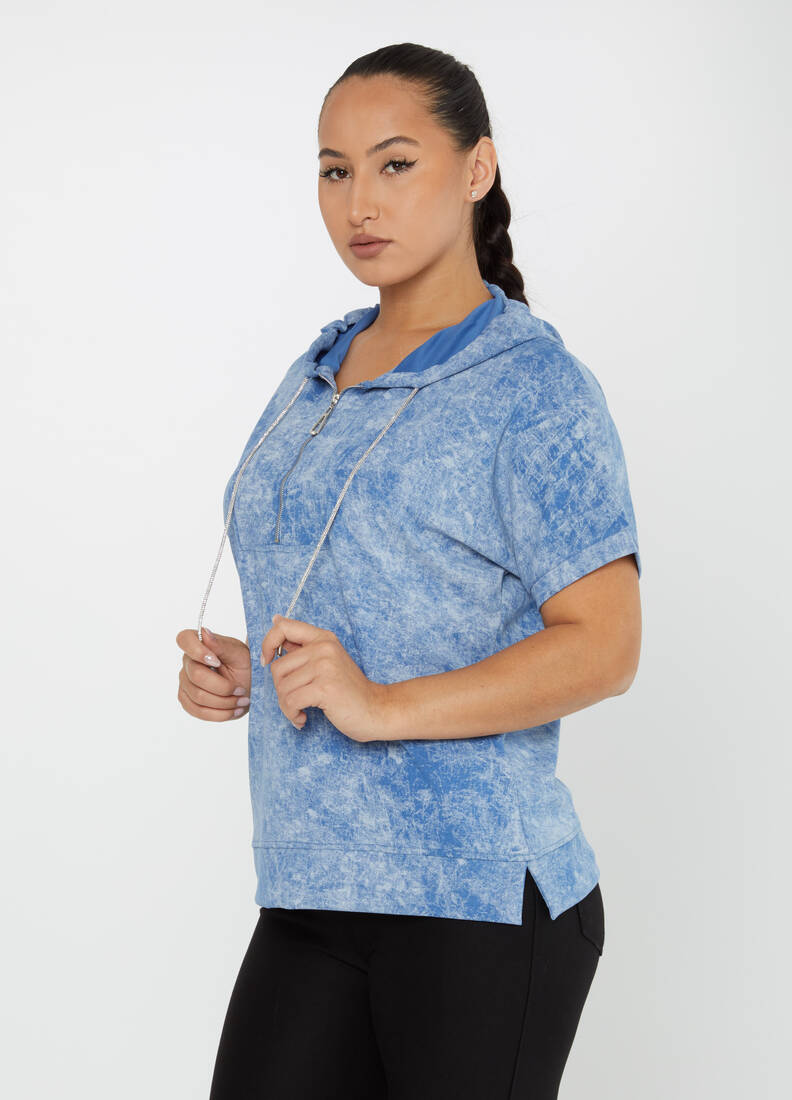 Women's Sweatshirt Zipper Detail Blue - 79992 | KAZEE