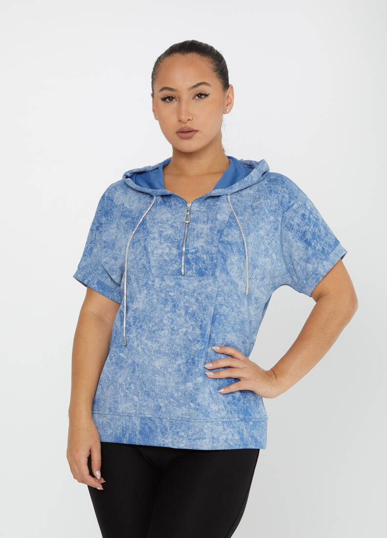 Women's Sweatshirt Zipper Detail Blue - 79992 | KAZEE
