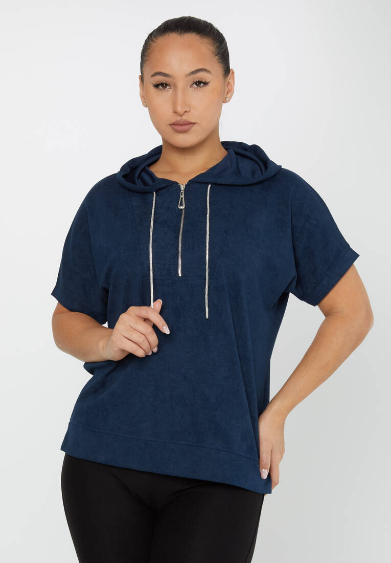 Women's Sweatshirt Zipper Detail Navy Blue - 79992 | KAZEE