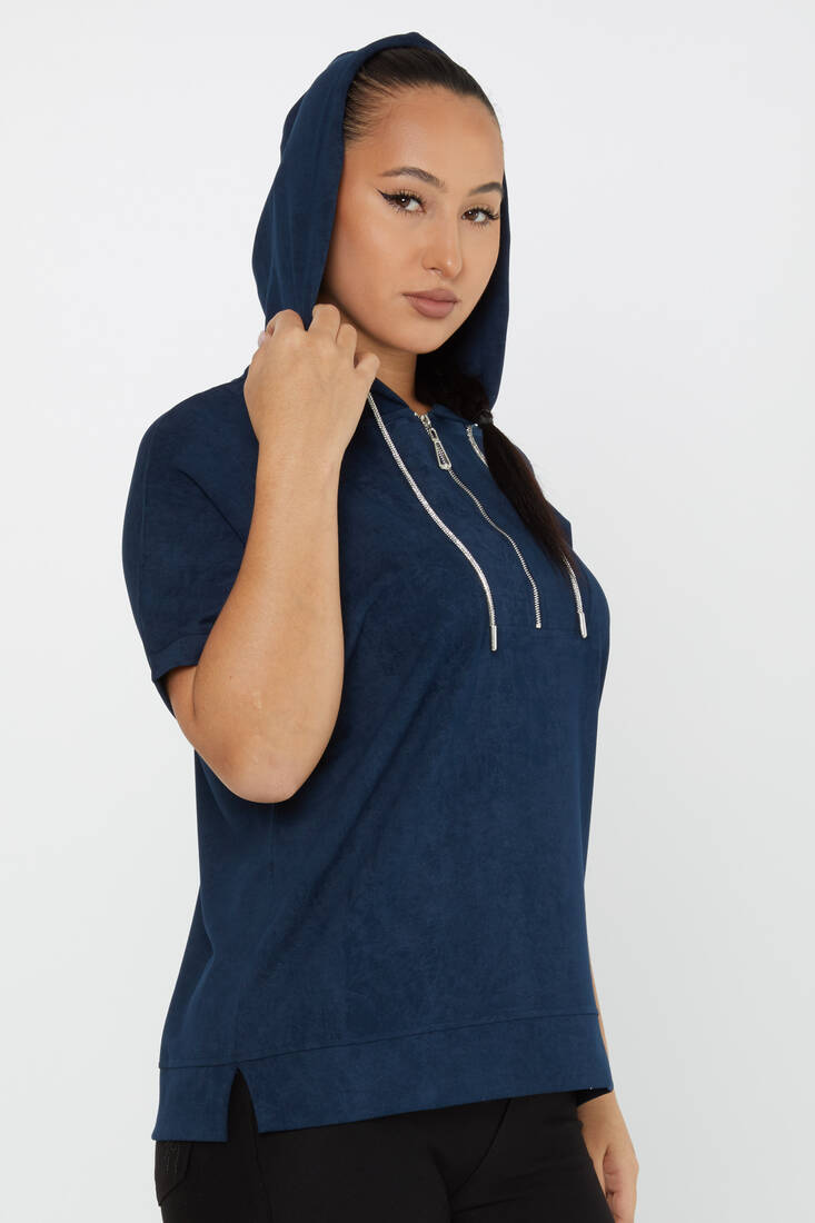 Women's Sweatshirt Zipper Detail Navy Blue - 79992 | KAZEE