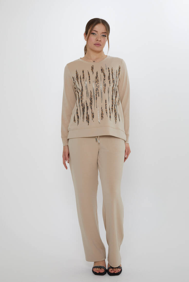Women's Tracksuit Pockets Stone Detail Beige - 17886 | KAZEE