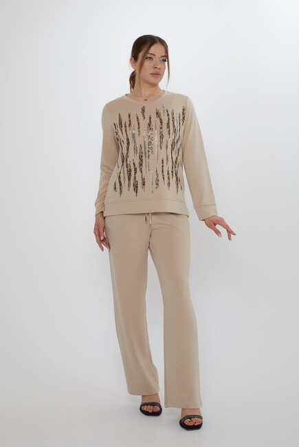 Women's Tracksuit Pockets Stone Detail Beige - 17886 | KAZEE - Thumbnail