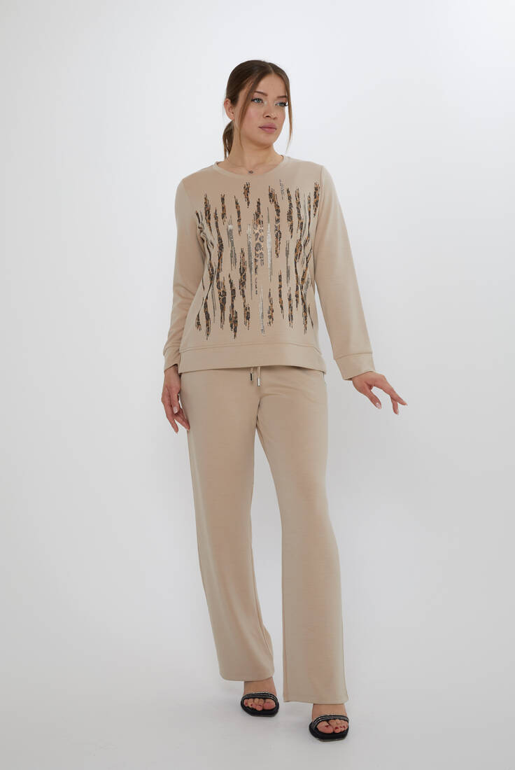 Women's Tracksuit Pockets Stone Detail Beige - 17886 | KAZEE