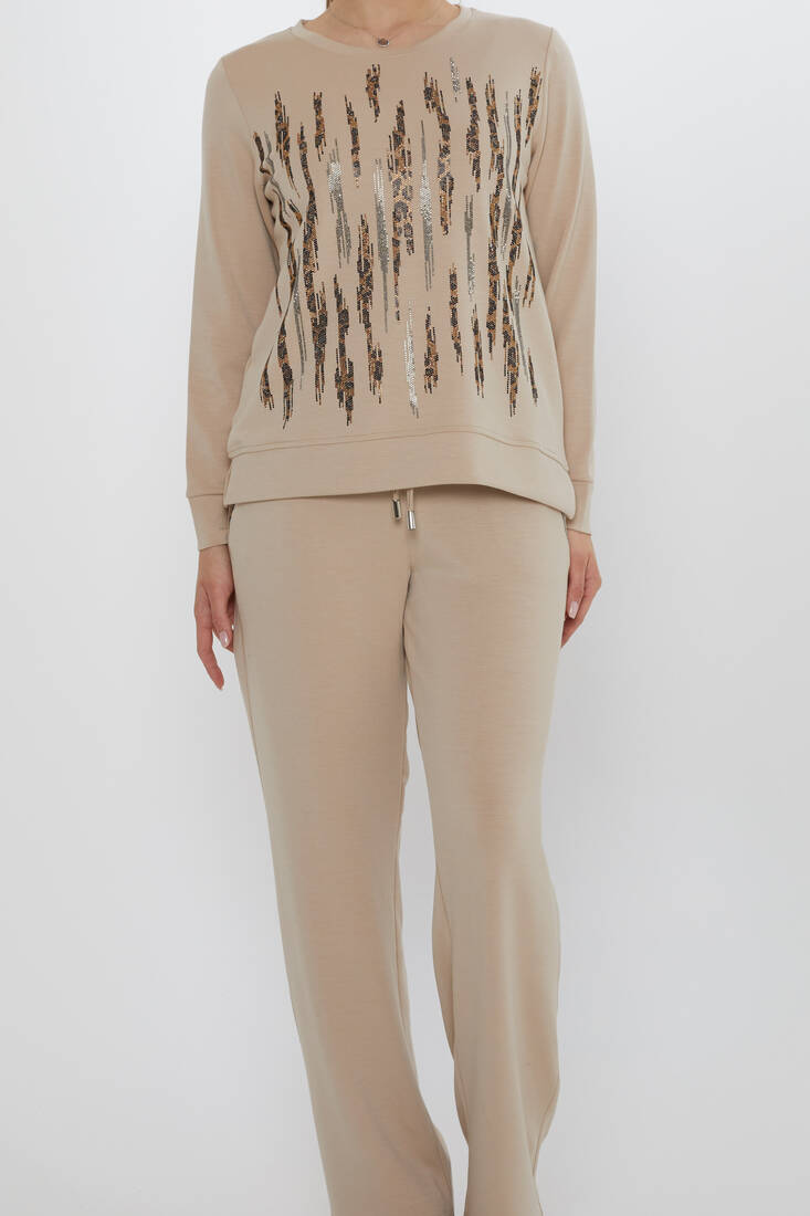 Women's Tracksuit Pockets Stone Detail Beige - 17886 | KAZEE
