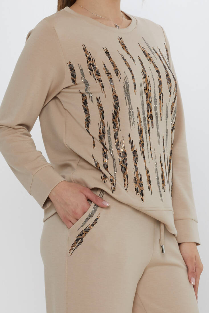 Women's Tracksuit Pockets Stone Detail Beige - 17886 | KAZEE