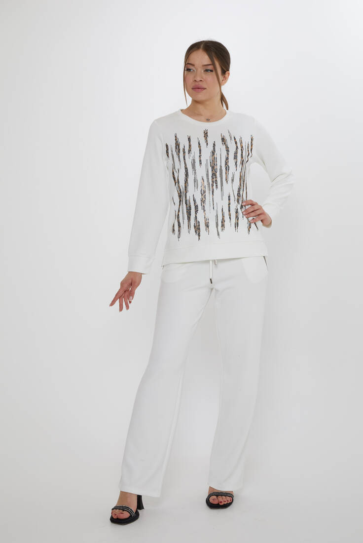 Women's Tracksuit Pockets Stone Detailed Ecru - 17886 | KAZEE