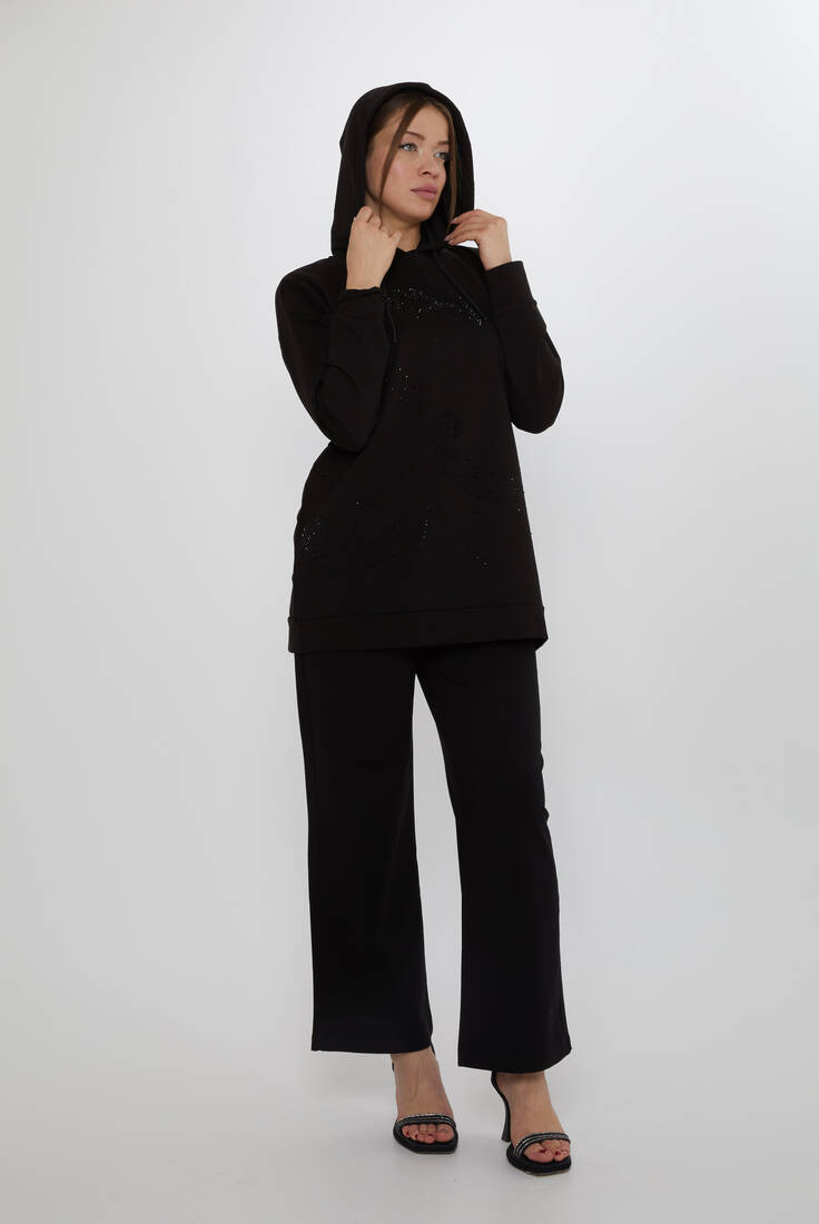 Women's Tracksuit Set Hooded Detail Black - 17896 | KAZEE