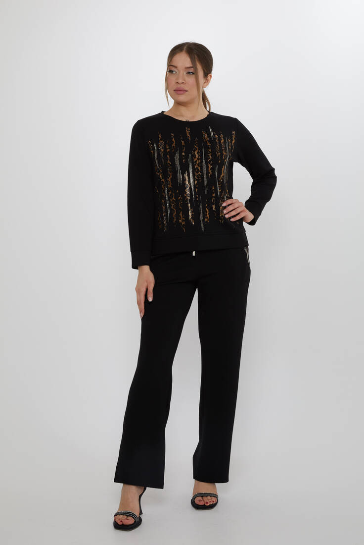 Women's Tracksuit Set with Stone Detailed Pockets Black - 17886 | KAZEE