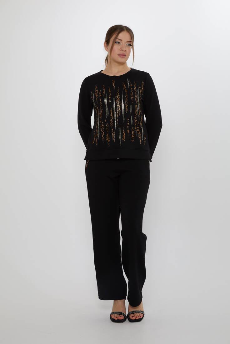 Women's Tracksuit Set with Stone Detailed Pockets Black - 17886 | KAZEE