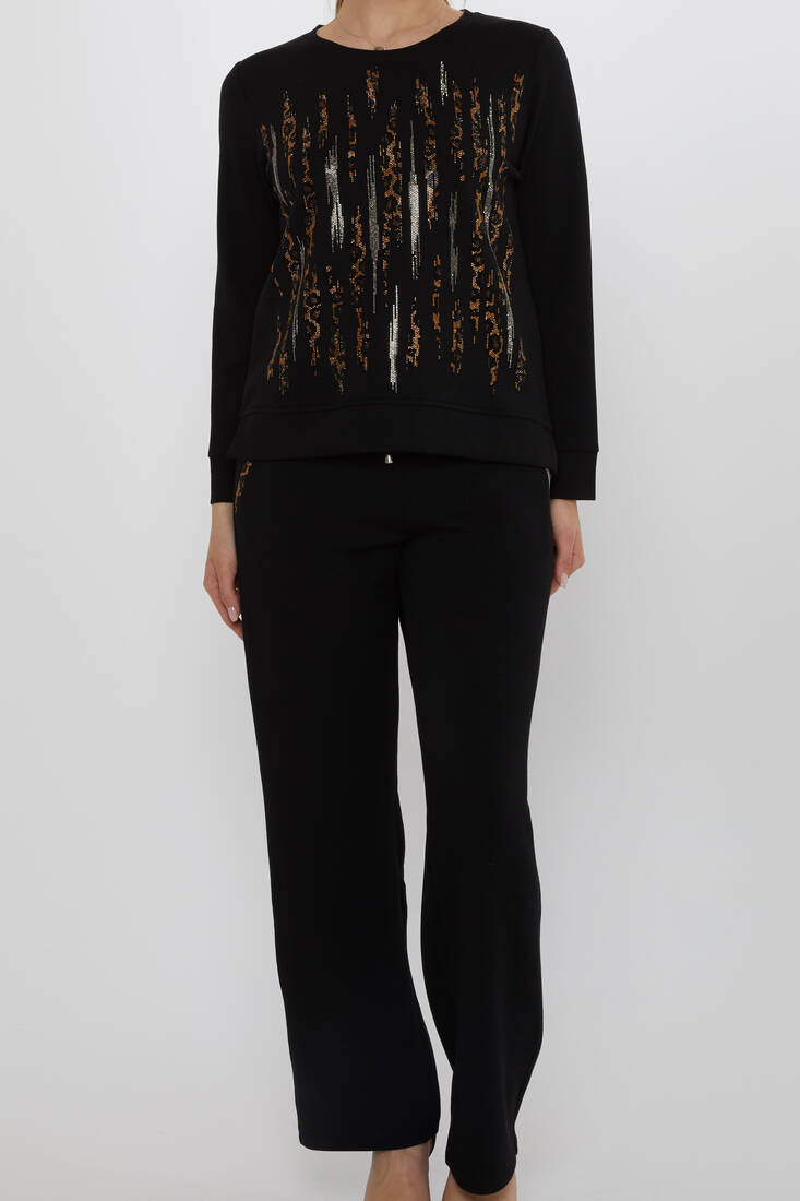 Women's Tracksuit Set with Stone Detailed Pockets Black - 17886 | KAZEE