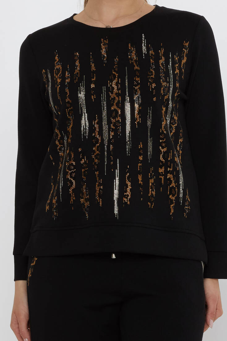 Women's Tracksuit Set with Stone Detailed Pockets Black - 17886 | KAZEE