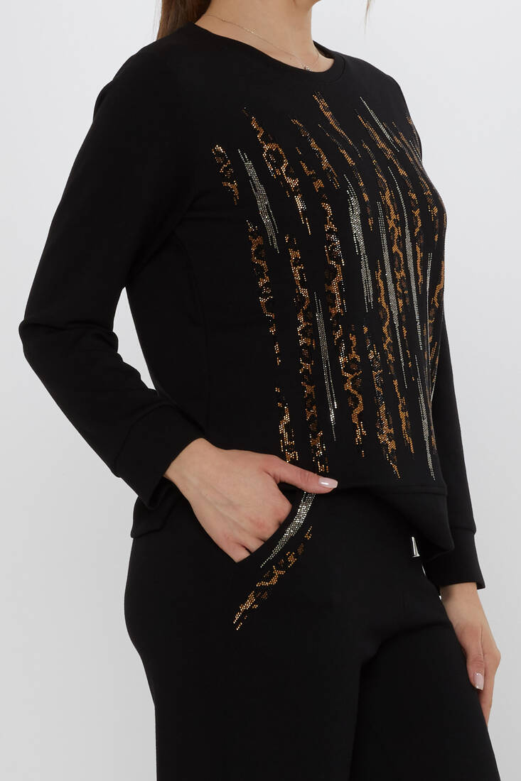 Women's Tracksuit Set with Stone Detailed Pockets Black - 17886 | KAZEE