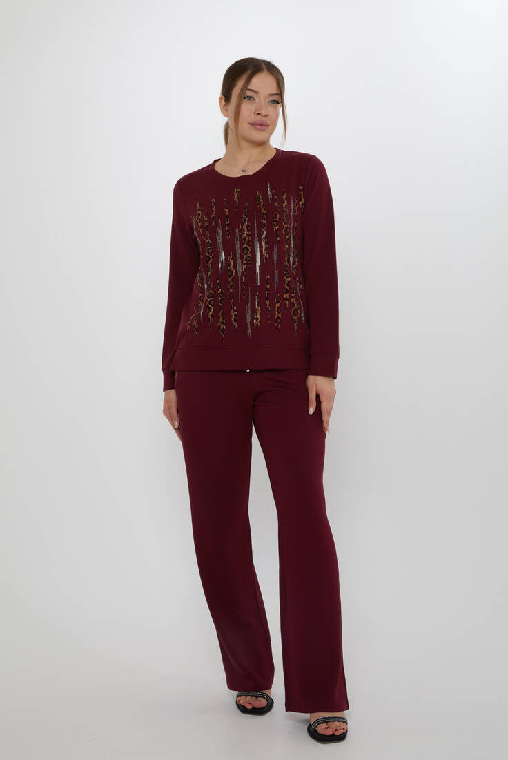 Women's Tracksuit Set with Stone Detailed Pockets Claret Red - 17886 | KAZEE