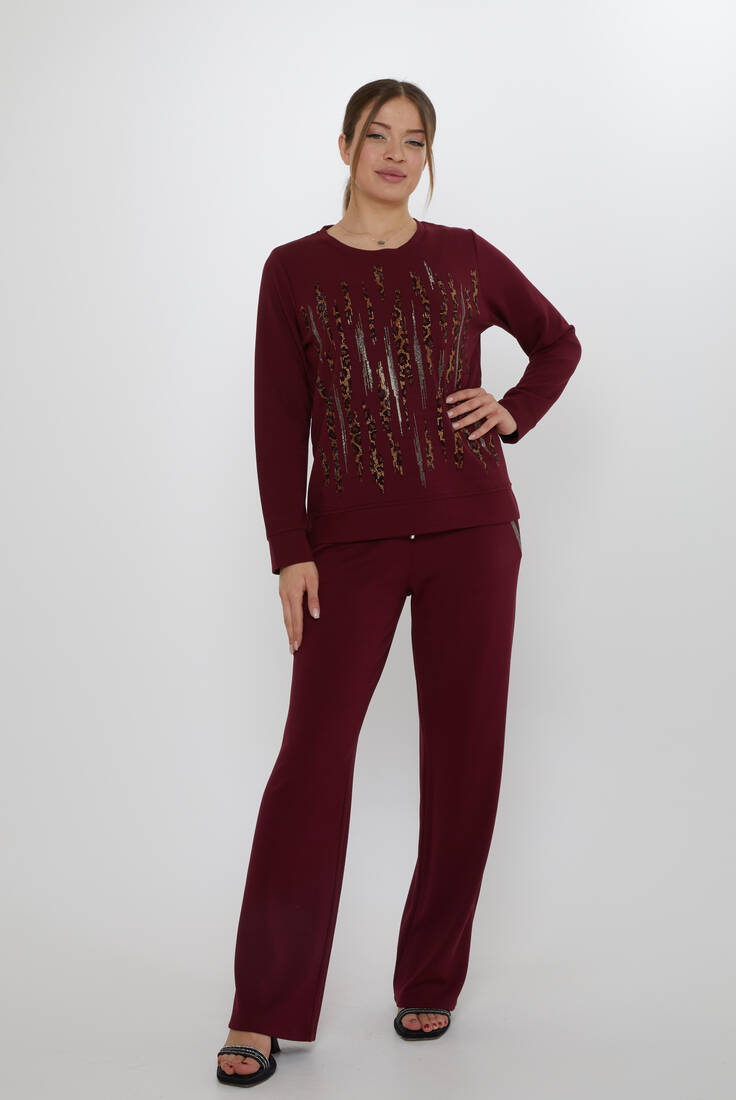 Women's Tracksuit Set with Stone Detailed Pockets Claret Red - 17886 | KAZEE