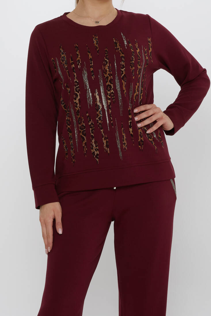 Women's Tracksuit Set with Stone Detailed Pockets Claret Red - 17886 | KAZEE