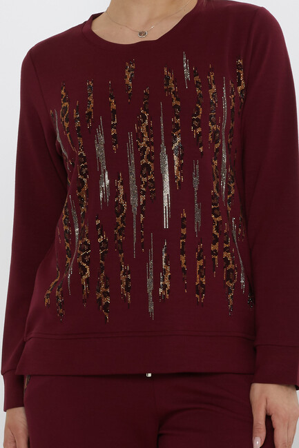 Women's Tracksuit Set with Stone Detailed Pockets Claret Red - 17886 | KAZEE - Thumbnail