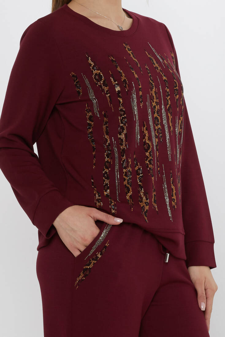 Women's Tracksuit Set with Stone Detailed Pockets Claret Red - 17886 | KAZEE
