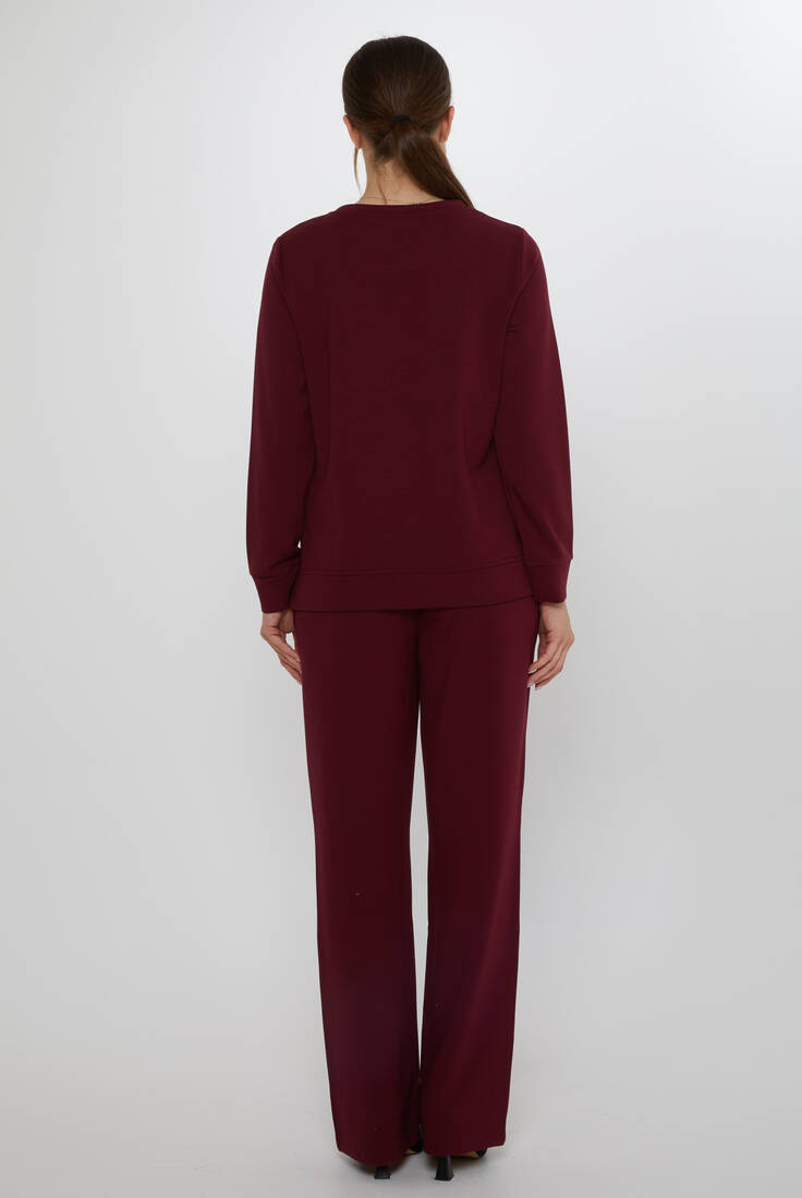 Women's Tracksuit Set with Stone Detailed Pockets Claret Red - 17886 | KAZEE