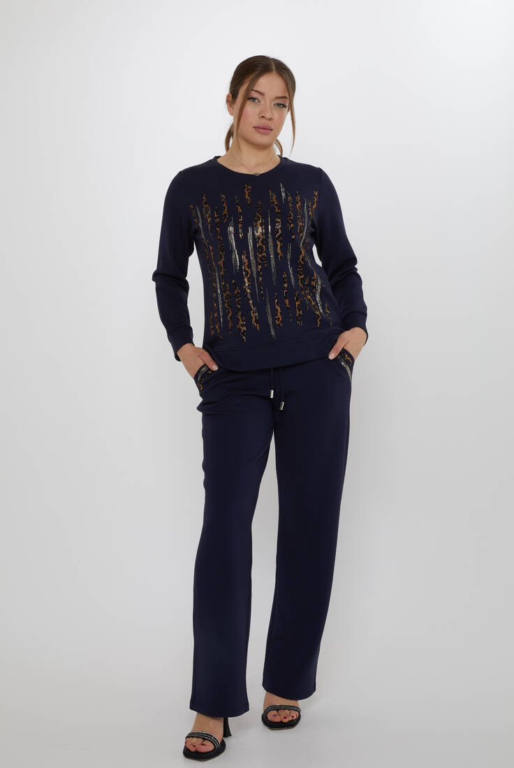Women's Tracksuit Set with Stone Detailed Pockets Navy Blue - 17886 | KAZEE