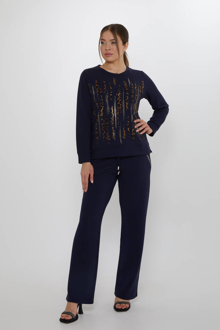 Women's Tracksuit Set with Stone Detailed Pockets Navy Blue - 17886 | KAZEE