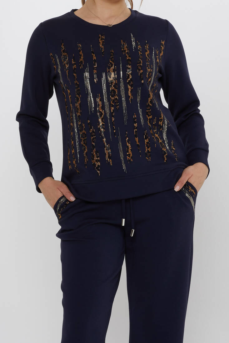 Women's Tracksuit Set with Stone Detailed Pockets Navy Blue - 17886 | KAZEE